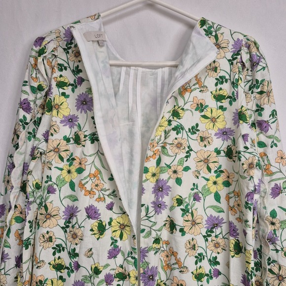 LOFT Women 8 Linen Blend Floral Long Sleeve Shift Dress Whisper White Romantic - Picture 9 of 11